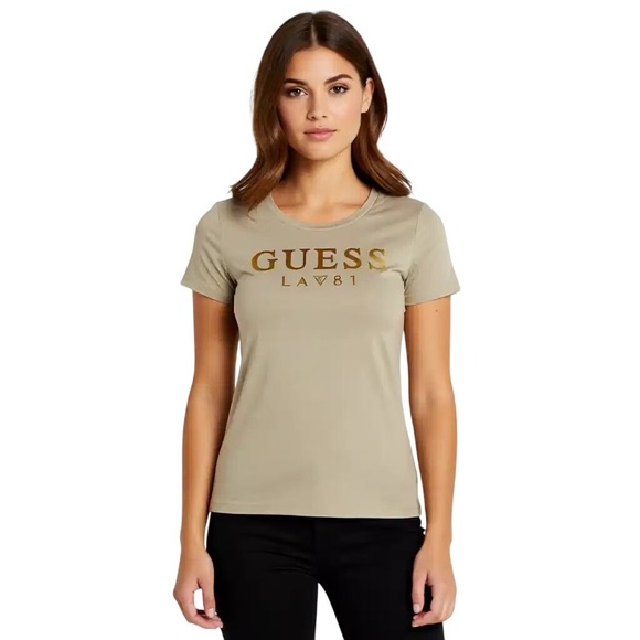 Guess Tops - Guess Womens LA 81 Logo Graphic T-Shirt Tan Beige Gold Metallic Crew Neck MD NWT